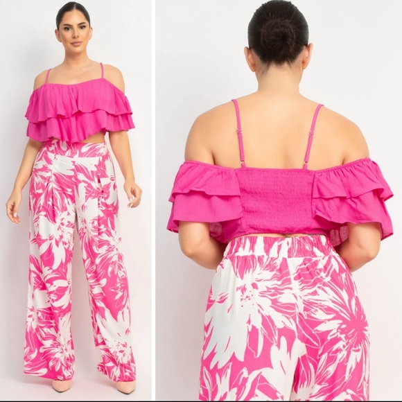 Pink Ruffle Layered Crop Flounce Women's Top - Picture 4 of 7